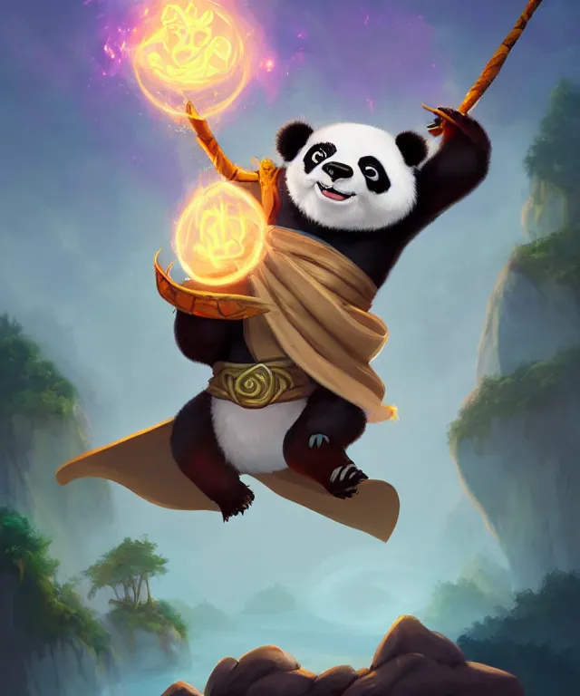 Image similar to an anthropomorphic panda mage wearing flowing robes, casting a spell, landscape in background, cute, dnd character art portrait, pixar style, by jason felix by steve argyle by tyler jacobson by peter mohrbacher, cinematic lighting