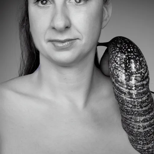 Prompt: professional photograph of a woman made of snail