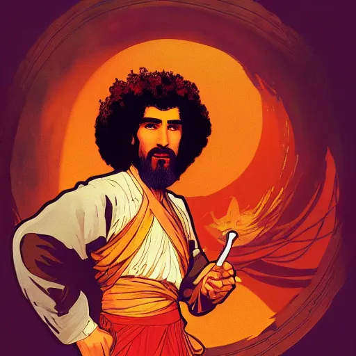 Image similar to an ultra detailed vector image of bob ross dressed as the prince of persia, concept art by alphonse mucha and greg rutkowski, bright red desert sands, bright yellow and red sun, octane render, praise the sun