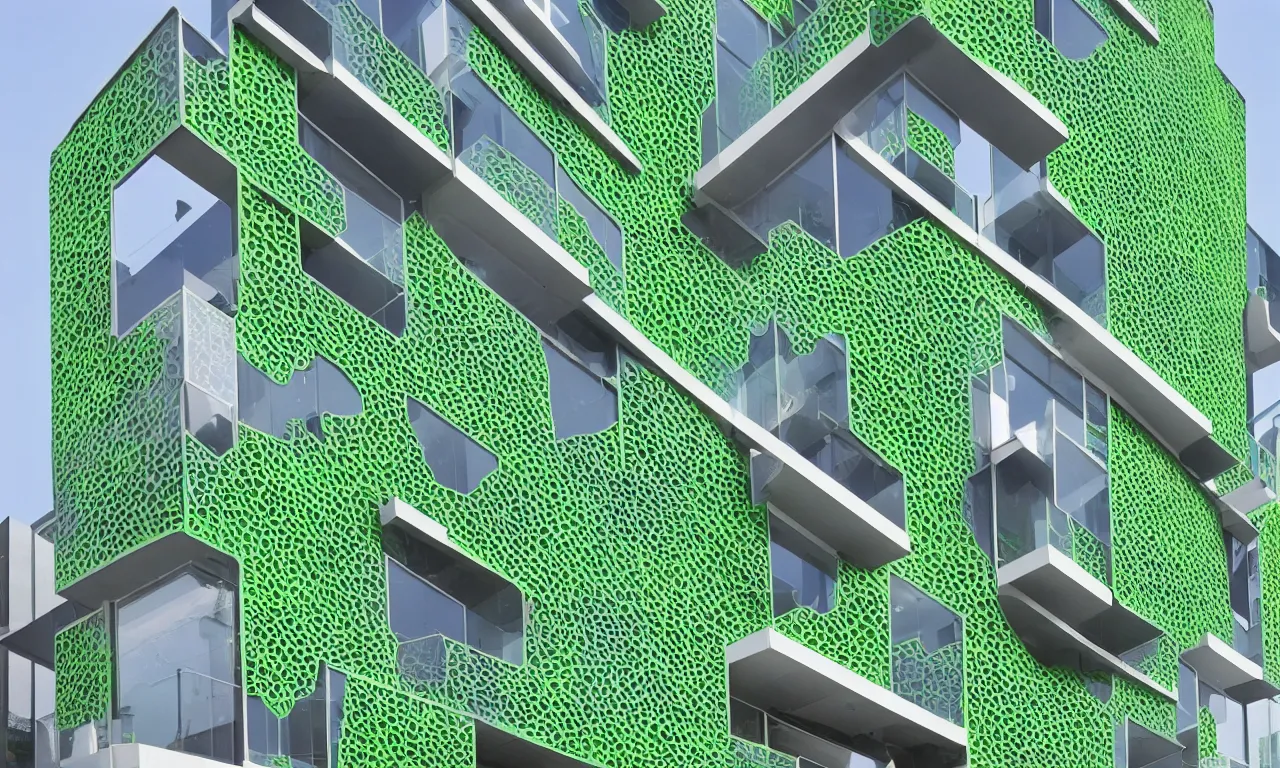 Prompt: algae glass additive printed multifamily modern architecture, colorful geometric exterior rain - screen cladding, architectural sculptural interior, visually satisfying architecture render in vray