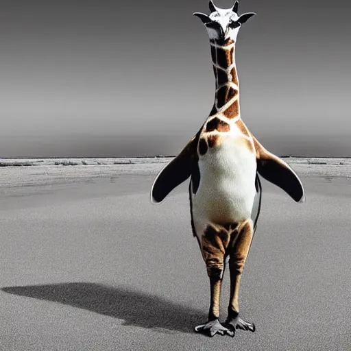 Prompt: a real photograph, full body shot, a hybrid mix between a penguin body, a giraffe neck, hyper detailed, photomanipulation, photoshop, unreal