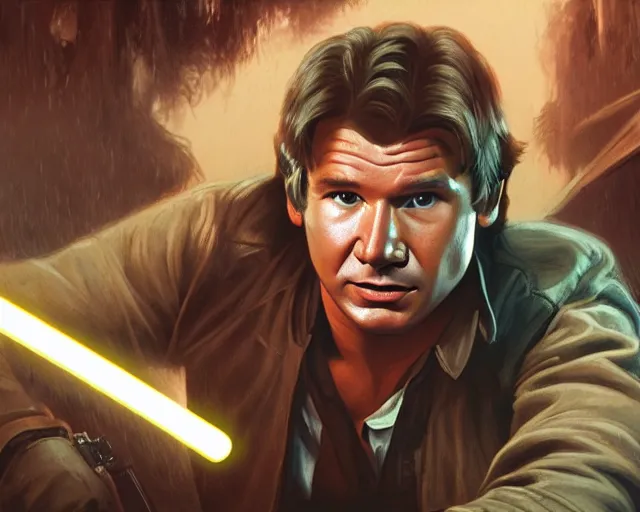 Image similar to the most amazing dream you ever had about han solo, harrison ford,, star wars, gta v, hyper realistic, ambient lighting, concept art, intricate, hyper detailed, smooth, volumetric lighting, george lucas, ralph mcquarrie, octane