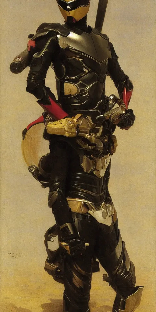 Prompt: portrait of a kamen rider, full set of equipment, helmet, majestic, solemn, by bouguereau