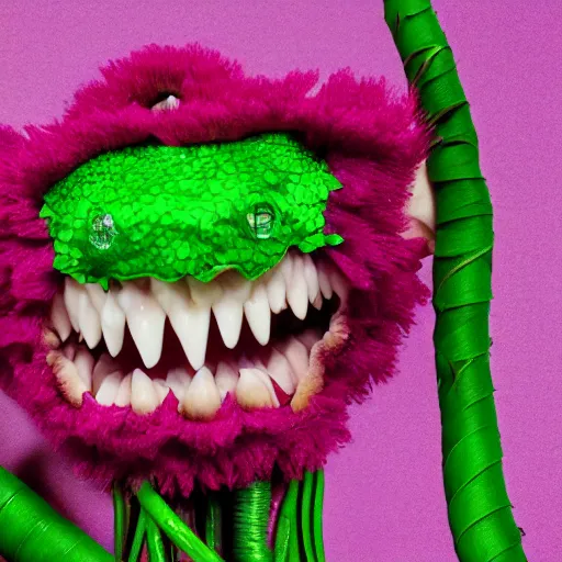 Image similar to studio photograph of a thin green vine creature with vine limbs and a pink blooming flower mouth with many sharp teeth