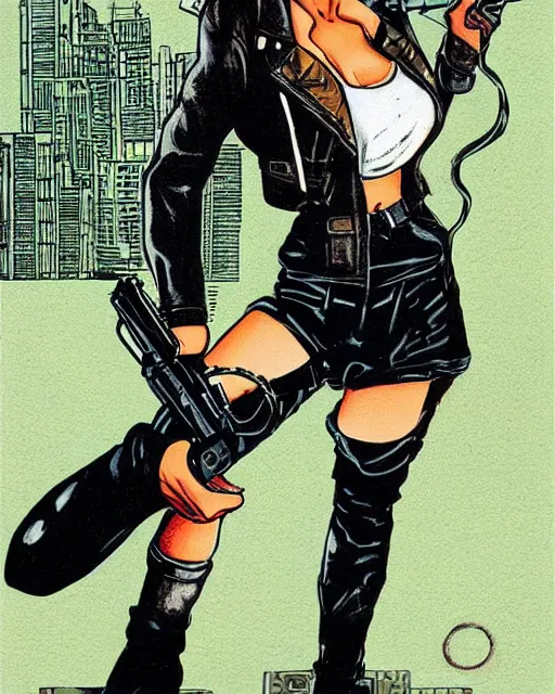 Prompt: young female protagonist in leather jacket with gun, city street, artwork by ralph bakshi