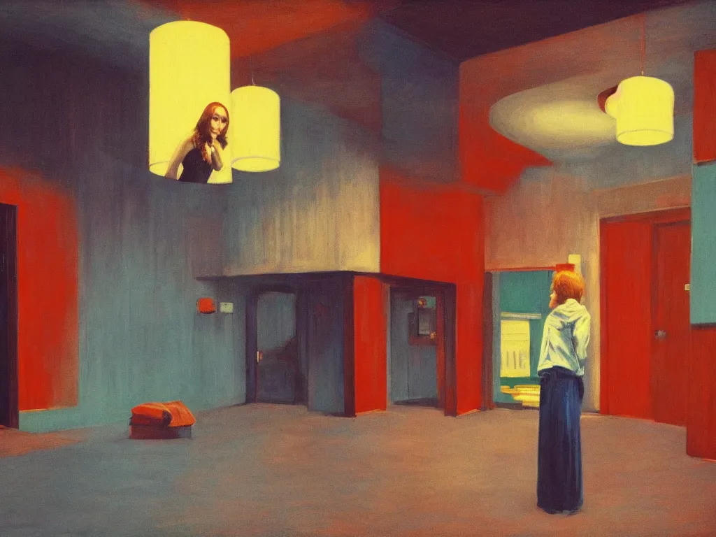 Prompt: lone girl waiting inside a 7 0 s cinema, stanley kubrick the shinning, vibrant colors americana, cinematic, volumetric lighting, ultra wide angle view, realistic, detailed painting in the style of edward hopper and rene magritte