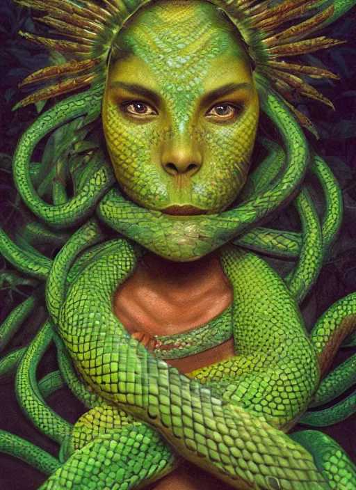 Prompt: the ayahuasca vine plant spirit mixed with the face of a beautiful indigenous woman with a third eye in the jungle, green snake skin and yellow snake eyes, beautiful colors, matte painting, by christophe vacher