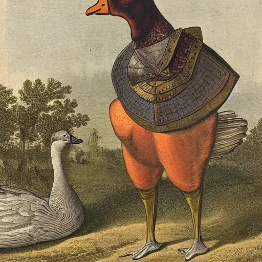 Image similar to a goose wearing knight armor