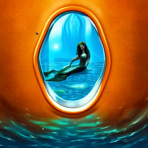 Prompt: Mermaid seen through submarine window underwater in the dark ocean, 4k detailed art