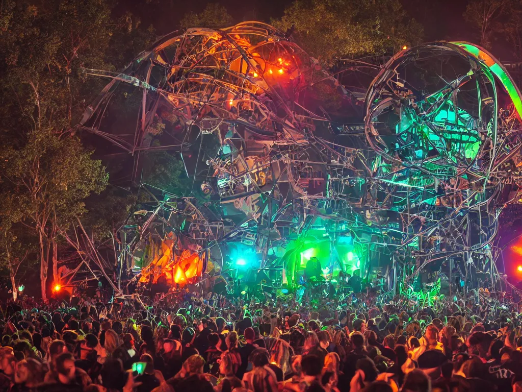 Prompt: a cyborg dj is playing a vast array of highly evolved and complex musical technology on a stage surrounded by an incredible and complex circular robotic structure playing highly evolved music overlooking a crowd at a forest festival lit by fire