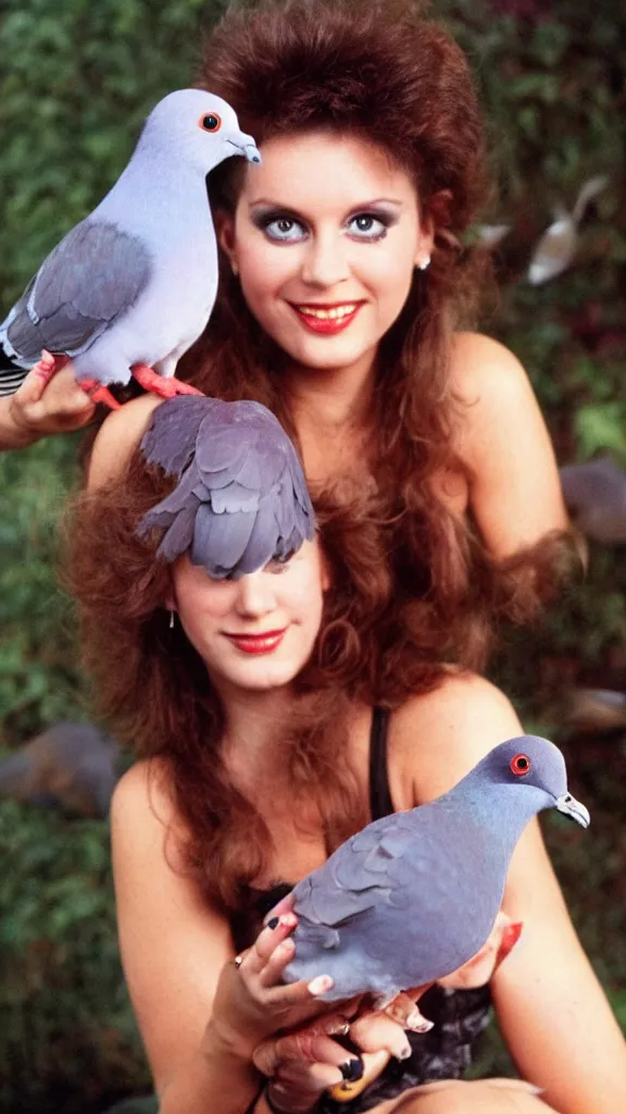 Image similar to an 8 0 s photo of a glamour model holding a pigeon