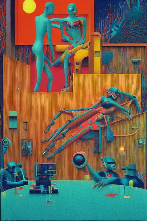 Prompt: 8 0 s art deco motel with swimmingpool, robots, neon signes, cinematic dramatic cyberpunk textural fluid lines otherworldly vaporwave interesting details fantasy lut epic composition by basquiat zdzisław beksinski james jean artgerm rutkowski moebius francis bacon gustav klimt