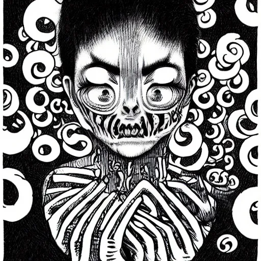 Image similar to black and white illustration creative design, fish, junji ito, body horror