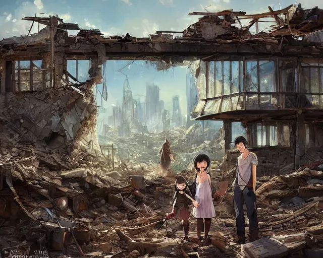 Image similar to a family photo in a wooden frame laying on rubble, ruins, post-apocalyptic, end of the world. By Makoto Shinkai, Stanley Artgerm Lau, WLOP, Rossdraws, James Jean, Andrei Riabovitchev, Marc Simonetti, krenz cushart, Sakimichan, trending on ArtStation, digital art.