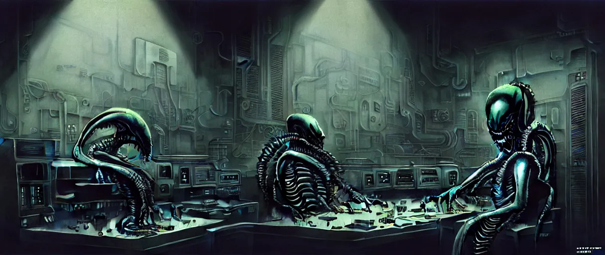 Prompt: duotone noir hyperreal concept illustration of black xenomorph alien machinery engineer sitting in chair in control room by hr giger. cosmic horror atmosphere. accidental renaissance composition. cinematic volumentric lighting. by sachin teng and sergey kolesov and ruan jia and heng z. graffiti art, scifi, fantasy, hyper detailed. octane render. trending on artstation
