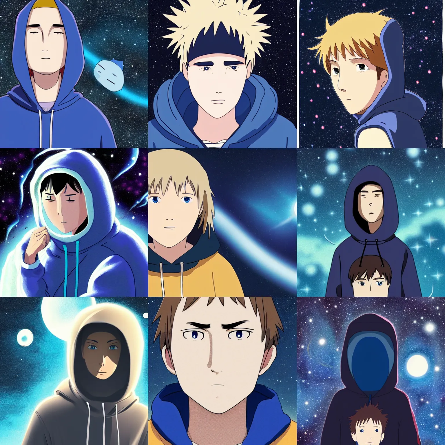 Image similar to Spirited away dark blonde guy with blue eyes wearing a hoodie in space, astonishing background, detailed face, centered