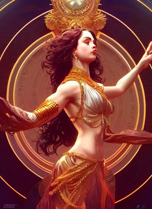 Image similar to strong and powerful goddess dancer of the underworld, shiny, intricate, elegant, highly detailed, ultra definition, digital painting, artstation, vray, concept art, smooth, high speed photography, illustration, art by artgerm and greg rutkowski and alphonse mucha and james jean