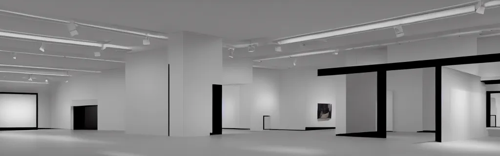 Image similar to 3 d rendering of a hyper modern art gallery with white walls, 5 0 mm canon lens, hyper detailed, soft bright light, unreal engine 5, 4 k, trending on artstation