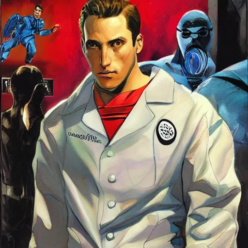 Prompt: Alex Ross and Sergio Bleda and Jérémy Petiqueux and Alex Maleev artwork of a portrait of a boy super scientest in a scace suit costume