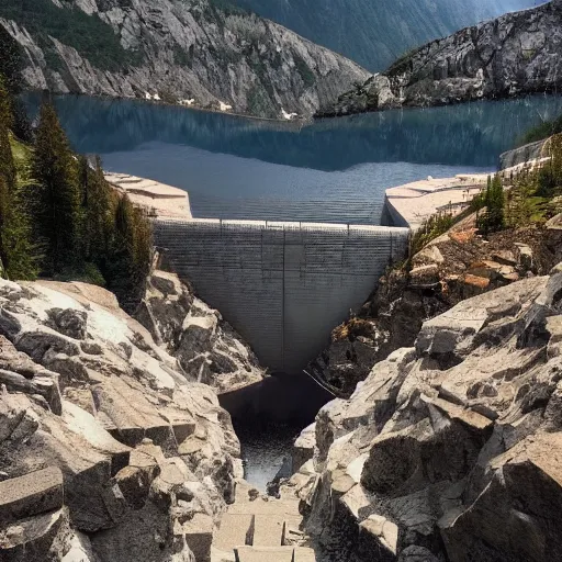 Image similar to A broken lake dam high in the mountains made from stone. The dam is broken in the middle causing the river below to overflow.Fantasy, concept art, sharp focus, artstation