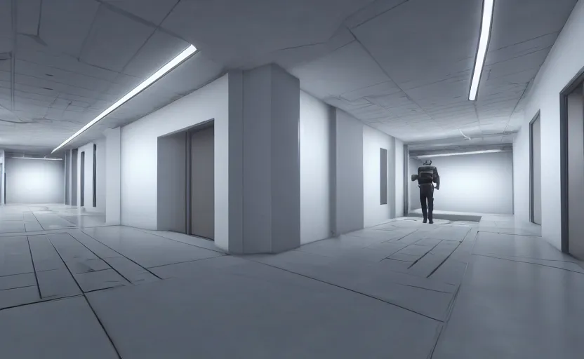 Image similar to screenshot of a first person shooter game on unreal engine 5, narrow modern hallways of a government office facility with white dry wall, photorealistic, retrofuturism, concept art, trending on artstation