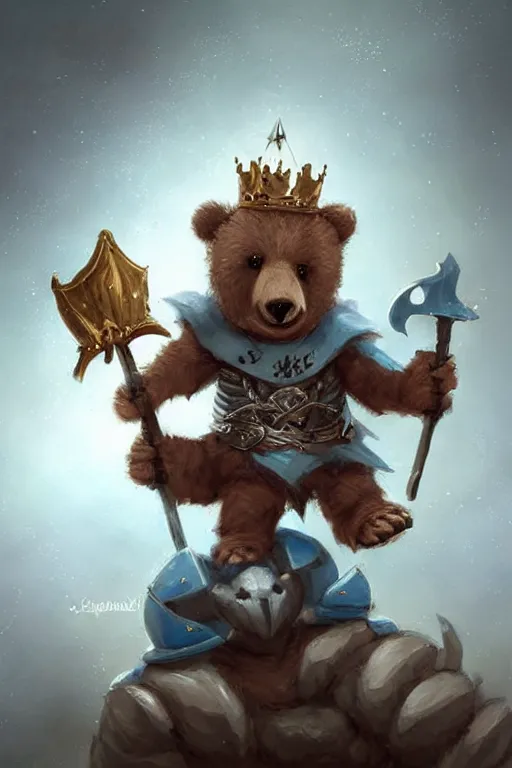 Image similar to cute little anthropomorphic bear knight wearing a cape and a crown, tiny, small, miniature bear, baby animal, short, pale blue armor, cute and adorable, pretty, beautiful, DnD character art portrait, matte fantasy painting, DeviantArt Artstation, by Jason Felix by Steve Argyle by Tyler Jacobson by Peter Mohrbacher, cinematic lighting