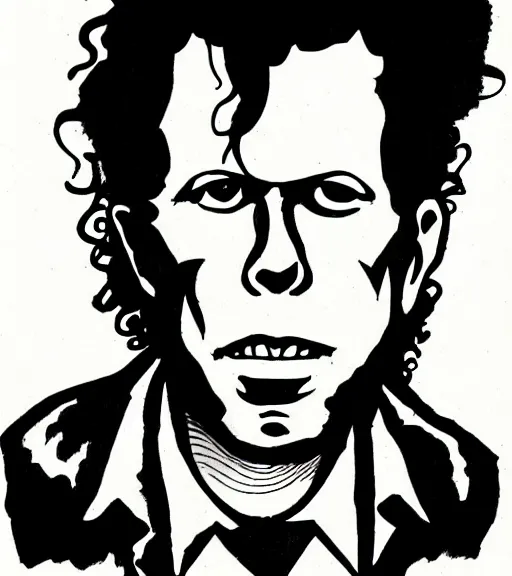 Prompt: portrait of Tom Waits artwork created by Mike Mignola, shaded ink illustration