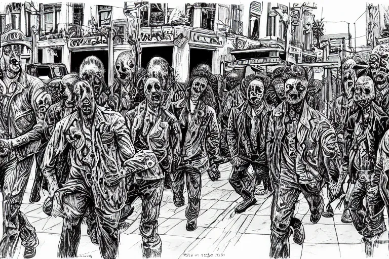 Image similar to zombies in the street of tel aviv. pen drawing. realistic. colorful. highly detailed