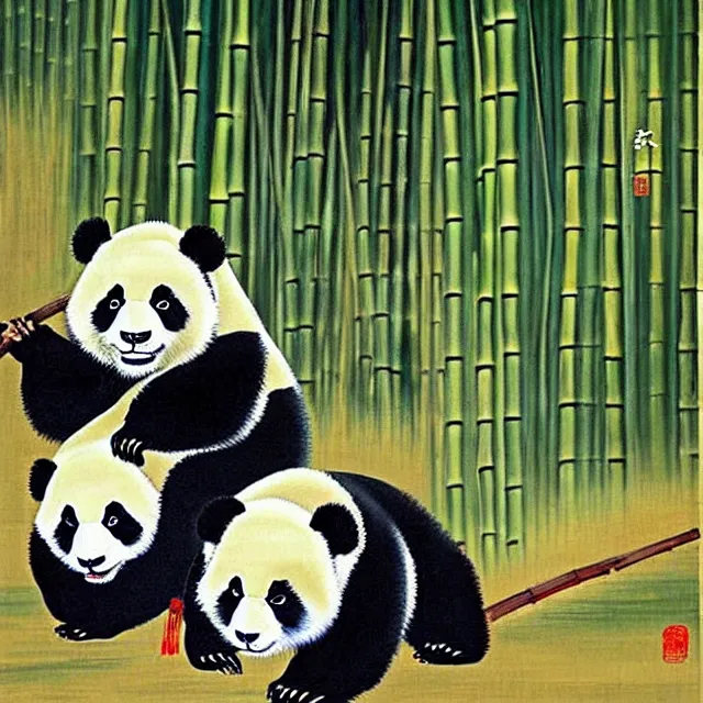 Prompt: a beautiful painting two pandas in the bamboo forest, by zhang daqian painting