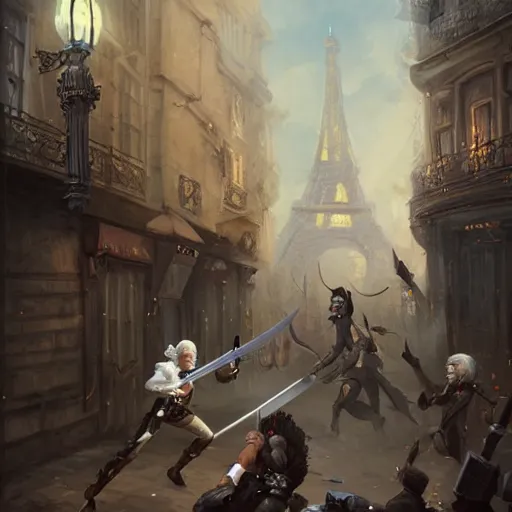 Prompt: a french gentleman with white hair with a rapier in a duel with a rogue blackman in the streets of a fantasy paris in french revolution, symmetric face, hyperrealism, epic fantasy digital art, fantasy style art, by Greg Rutkowski, fantasy hearthstone card art style