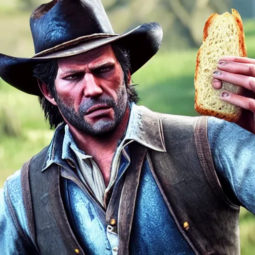 Image similar to arthur morgan from red dead redemption 2 eating a sandwich photo - realistic