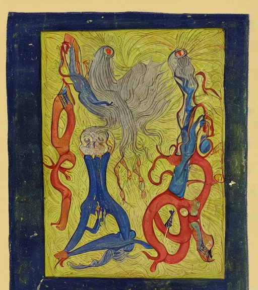 Prompt: illustrated page from codex seraphinus, surrealist illuminated manuscript