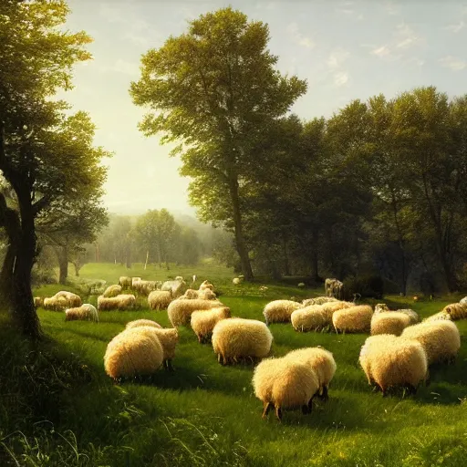 Prompt: A bunch of sheeps,clear skies,Green meadow,highly detailed,elegant,Marc Simonetti and Caspar David Friedrich, Trending on artstation