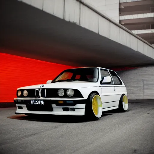 Image similar to a modified bmw e 3 0 with lights on in a futuristic neon parking garage, 3 5 mm photography, car photography, clean lines, realistic