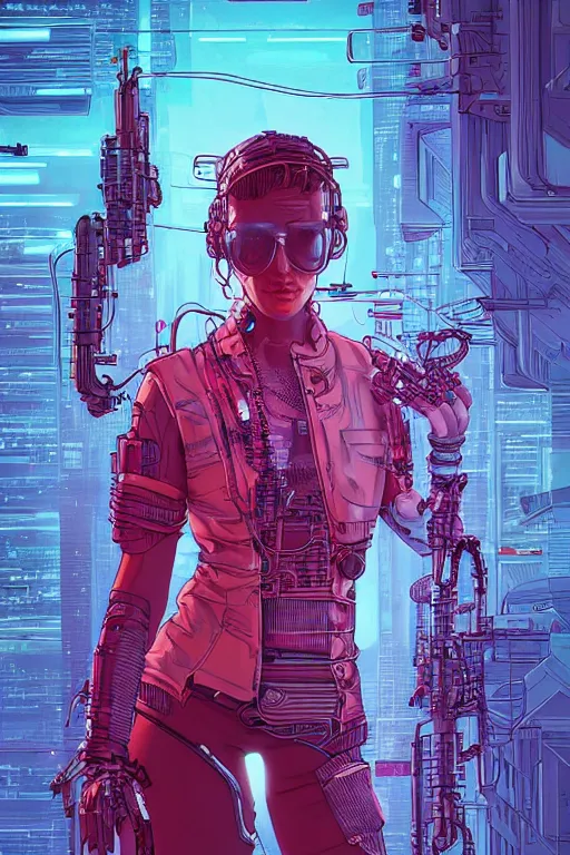 Image similar to portrait of a cyberpunk girl with a ribbed biomechanic parts and neon light, illustrated by Laurie Greasley and Michael Whelan and Igor Morski, crepy ambiance, highly detailed, trending on artstation