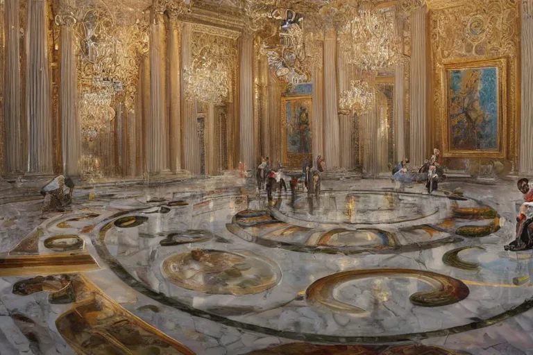 Prompt: palette knife oil painting. marble floors. grand halls, where a circle of distinguished, middle - aged individuals sit at a meeting, deep in conversation. extreme detail, mystical, ice, glass, artstation trending, artgerm, deviant art, octane, substance, art history 8 k