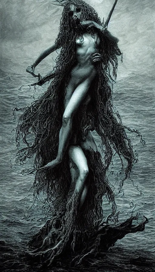 Image similar to a pentax photo of a cerulean sea witch, dark fantasy horror art, by gustave dore