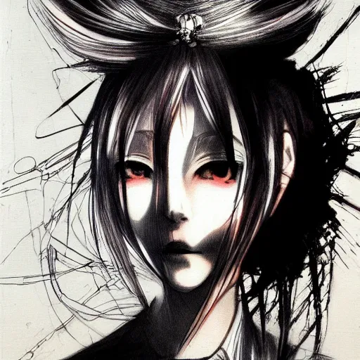 Image similar to Yoshitaka Amano realistic illustration of an anime girl with short white hair and black eyes wearing tuxedo, abstract black and white background, film grain effect, highly detailed, Renaissance oil painting