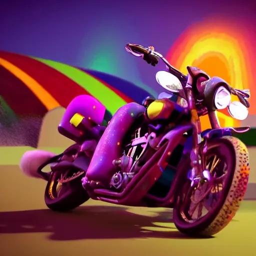 Image similar to scooby-doo doing a wheelie on a motorbike with rainbow glitter, hyperrealistic, 8k, octane render