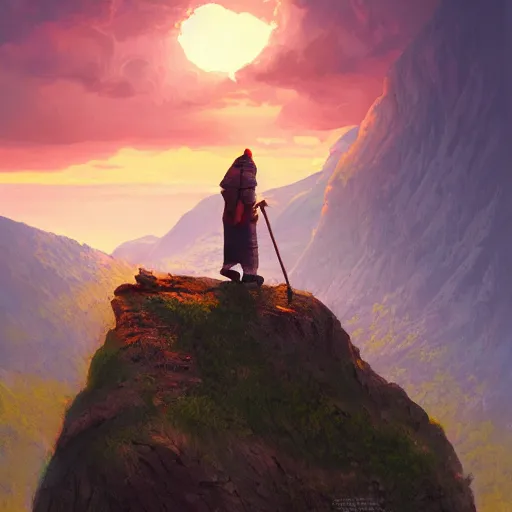 Prompt: A wizard overlooking the scenery from a cliff, sunset, red sky, beautiful mountains, sea, digital art, WLOP, CGSociety, fantasy art, Mandy Jurgens