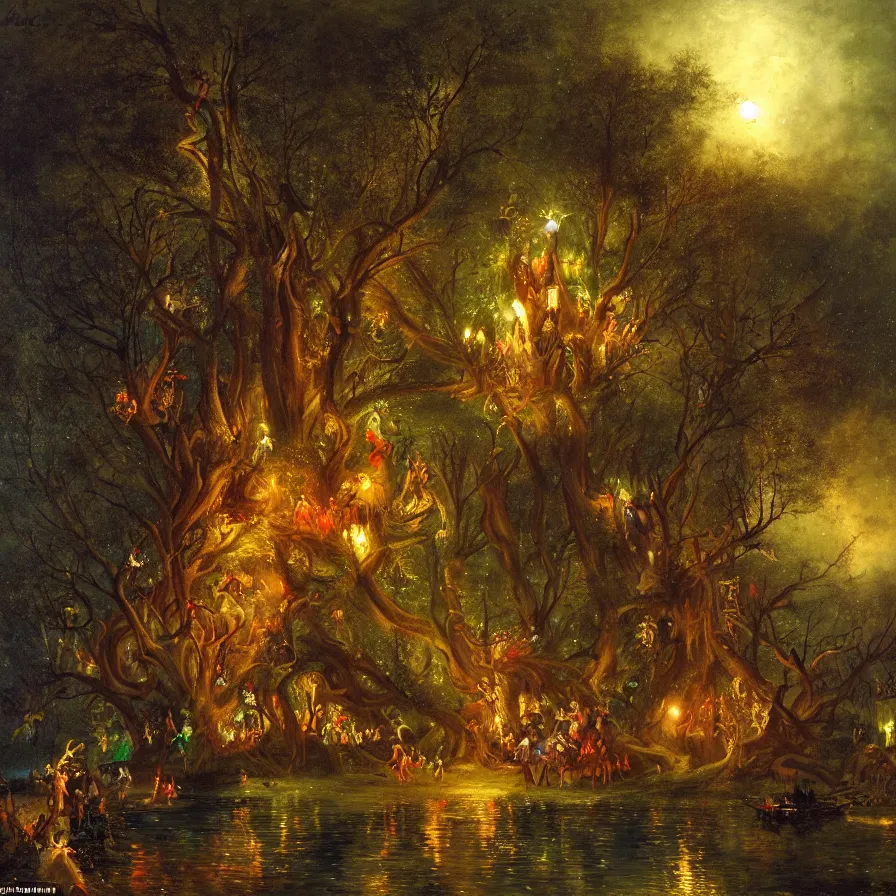 Image similar to a night carnival fairies around a magical tree cavity, with a surreal orange moonlight and fireworks in the background, next to a lake with iridiscent water, christmas lights, volumetric lightning, creatures and fantastic people disguised as fantastic creatures in a magical forest by summer night, masterpieceunderwater scene, masterpiece painted by andreas achenbach, scene by night