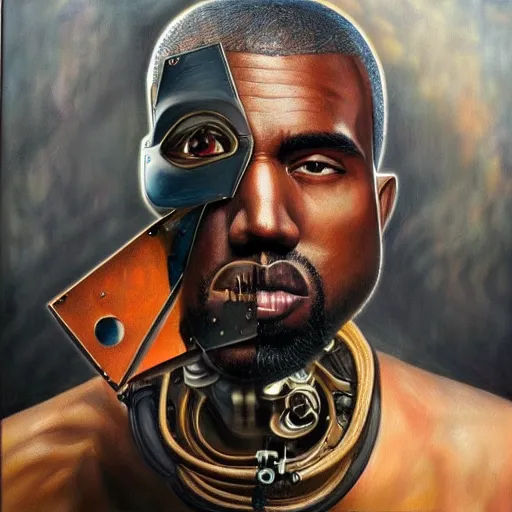 Prompt: a realistic oil painting of a cybernetic kanye west cyborg, surrealism portrait, post apocalyptic album cover