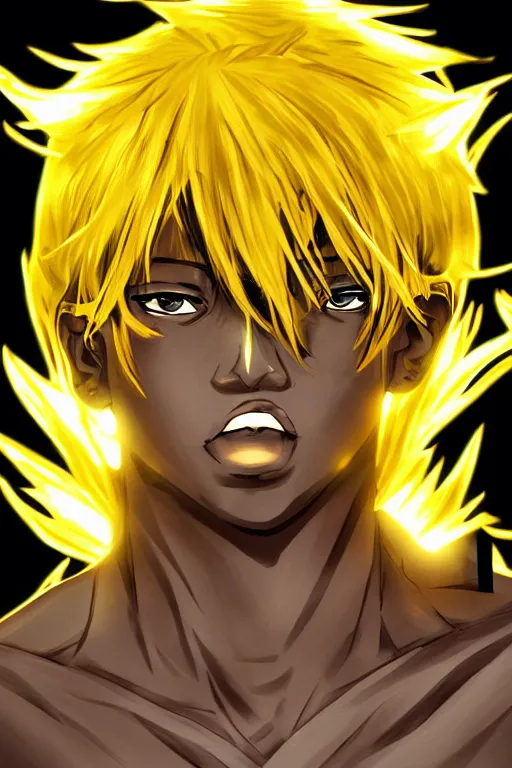 Image similar to golden glowing black male anime character, blonde hair, yellow eyes, symmetrical, highly detailed, digital art, sharp focus, trending on art station, crazy hair, electricity everywhere