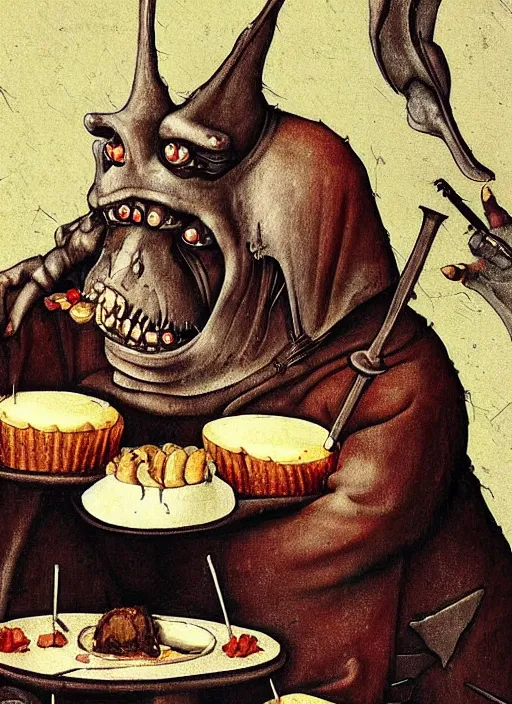 Image similar to medieval goblin eating cakes painted by hieronymus bosch, detailed digital art, trending on Artstation