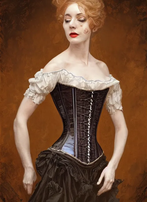 Prompt: portrait of a beautiful Victorian female ghost in a corset, intricate, elegant, highly detailed, centered, digital painting, artstation, concept art, smooth, sharp focus, illustration, artgerm, donato giancola, Joseph Christian Leyendecker, WLOP, Artgerm