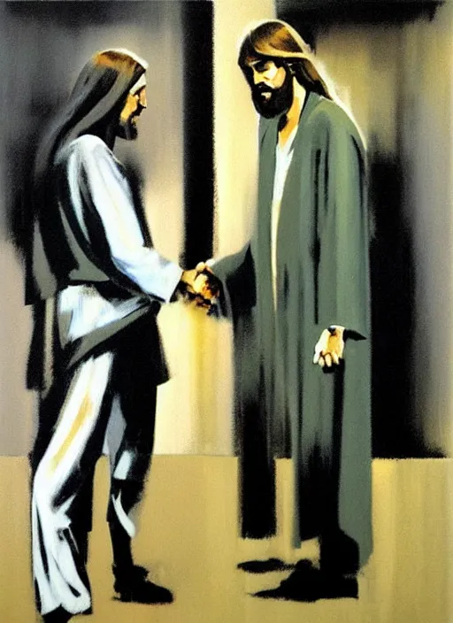 Image similar to 'jesus shaking hands with business man by phil hale, 'action lines'!!!, graphic style, visible brushstrokes, motion blur, blurry