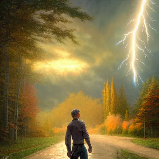 Prompt: photorealistic lightning man in the style of thomas kinkade and greg rutkowski. hyperdetailed photorealism by michael whelan, 1 0 8 megapixels, 1 0 k resolution, cinematic lighting