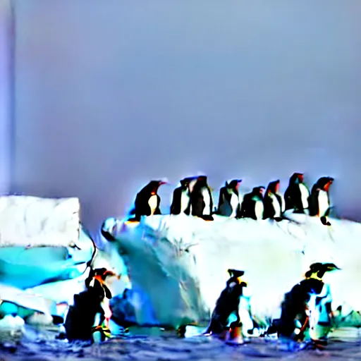 Prompt: photography of a pack of penguins on an iceberg in north pole with a polar bear in the distant canon nikon