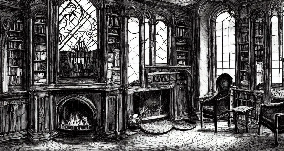 Prompt: Dark victorian hall with two chairs and fireplace. Stained-glass above, bookshelves, artstation, dark blue light