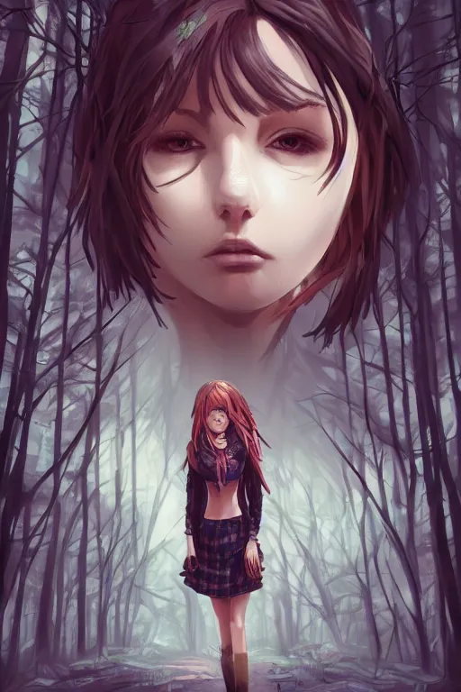 Prompt: woman in a dark forest, detailed plaid miniskirt, beautiful realistic face, detailed eyes, trending on artstation, by dan mumford, anime style, octane render, detailed close body